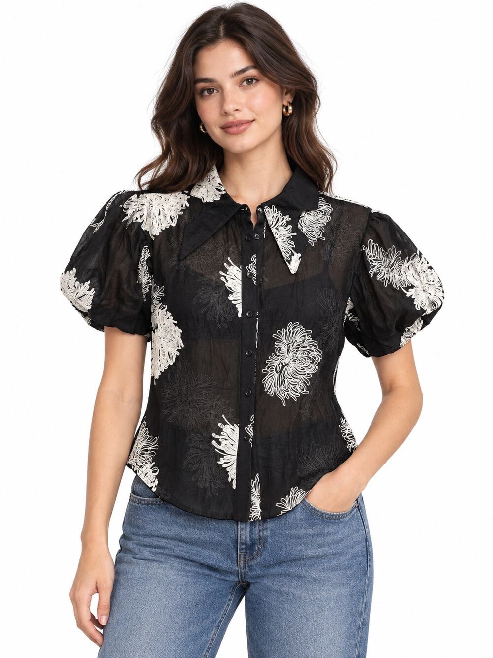 GRACIA Button Up Shirt Top Women's M Black Sheer Floral Embroidered Puff Sleeve